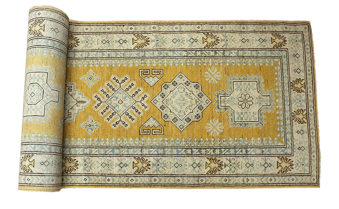 3x35 Yellow Gold Ivory Blue Brown Contemporary Caucasian Design Ariana Hazara Collection Long Runner Rug