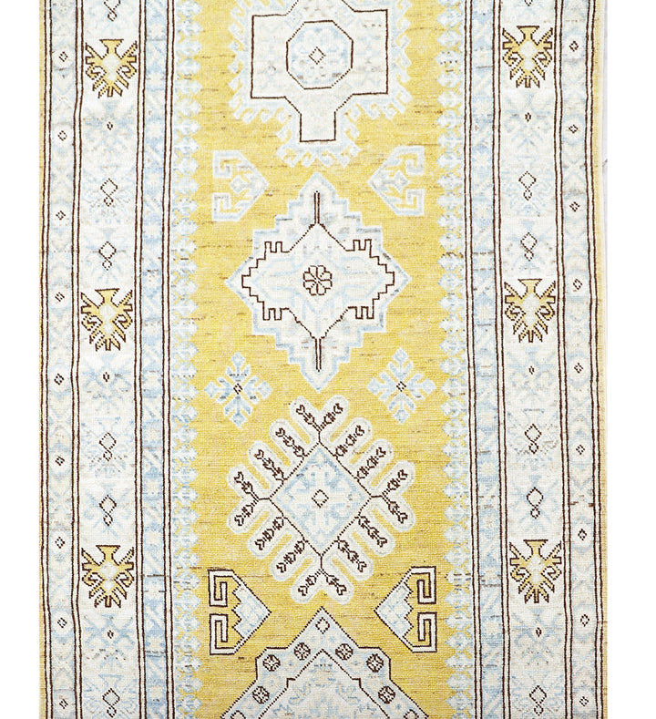 3x35 Yellow Gold Ivory Blue Brown Contemporary Caucasian Design Ariana Hazara Collection Long Runner Rug