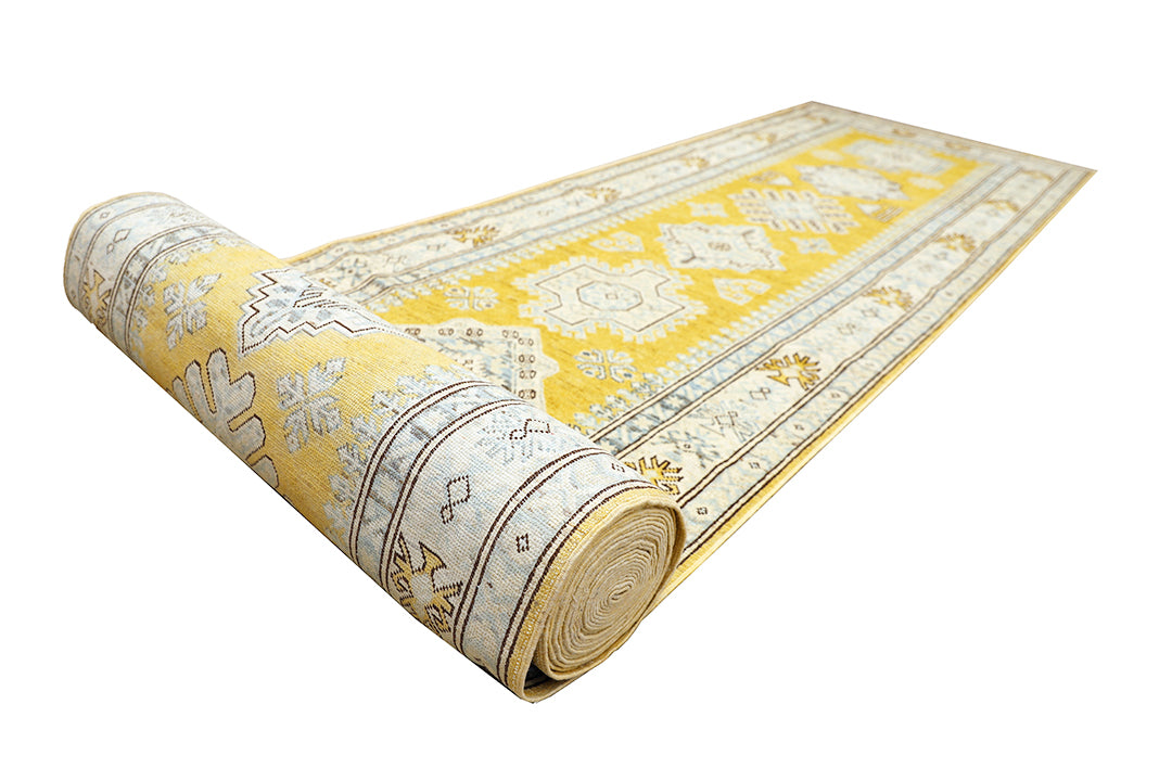 3x35 Yellow Gold Ivory Blue Brown Contemporary Caucasian Design Ariana Hazara Collection Long Runner Rug