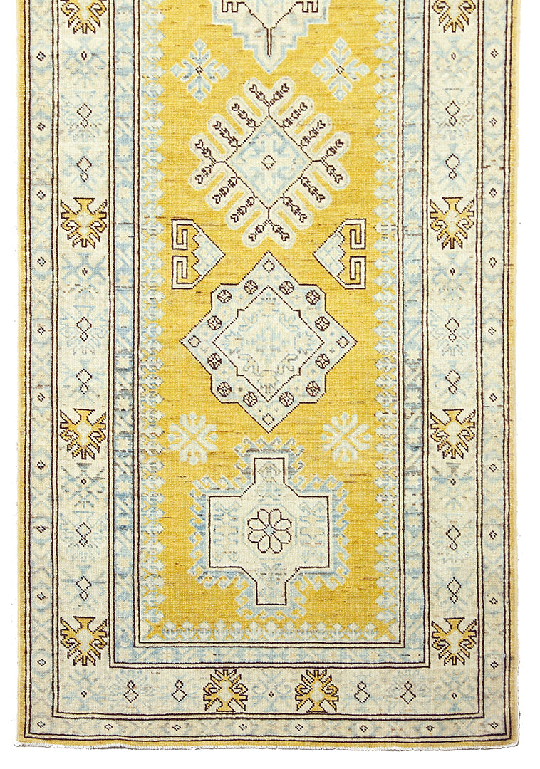 3x35 Yellow Gold Ivory Blue Brown Contemporary Caucasian Design Ariana Hazara Collection Long Runner Rug