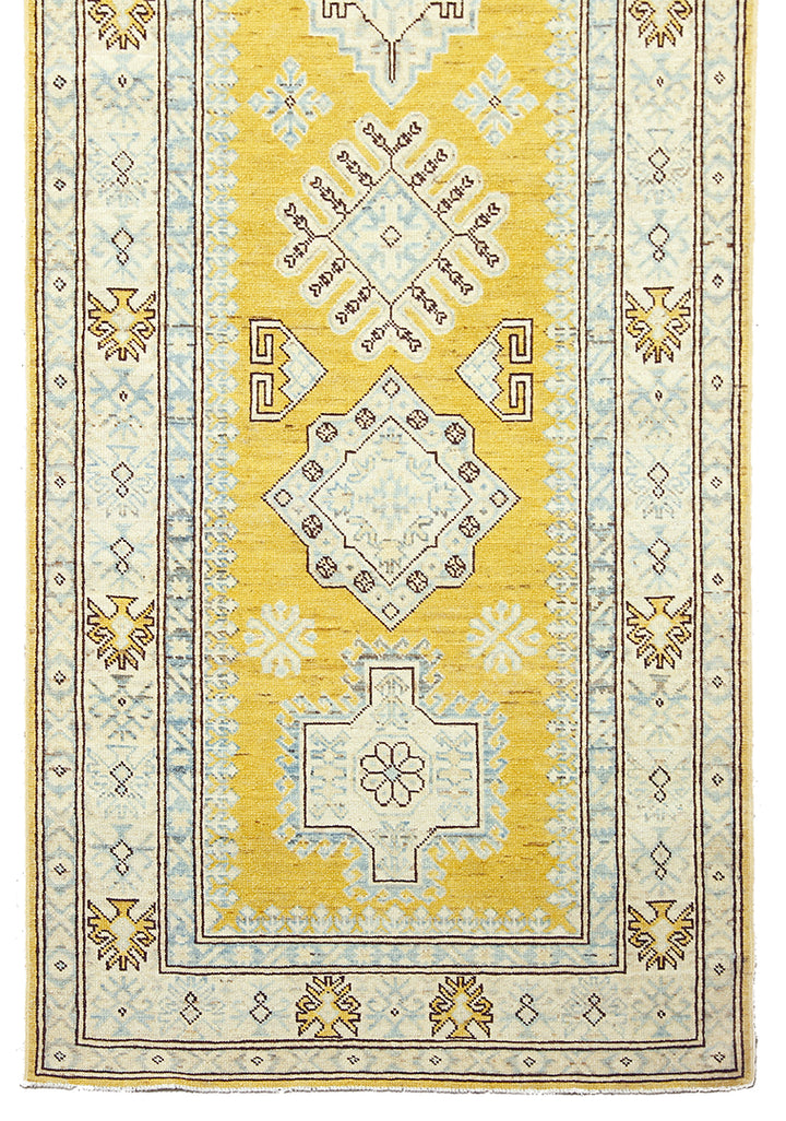 3x35 Yellow Gold Ivory Blue Brown Contemporary Caucasian Design Ariana Hazara Collection Long Runner Rug