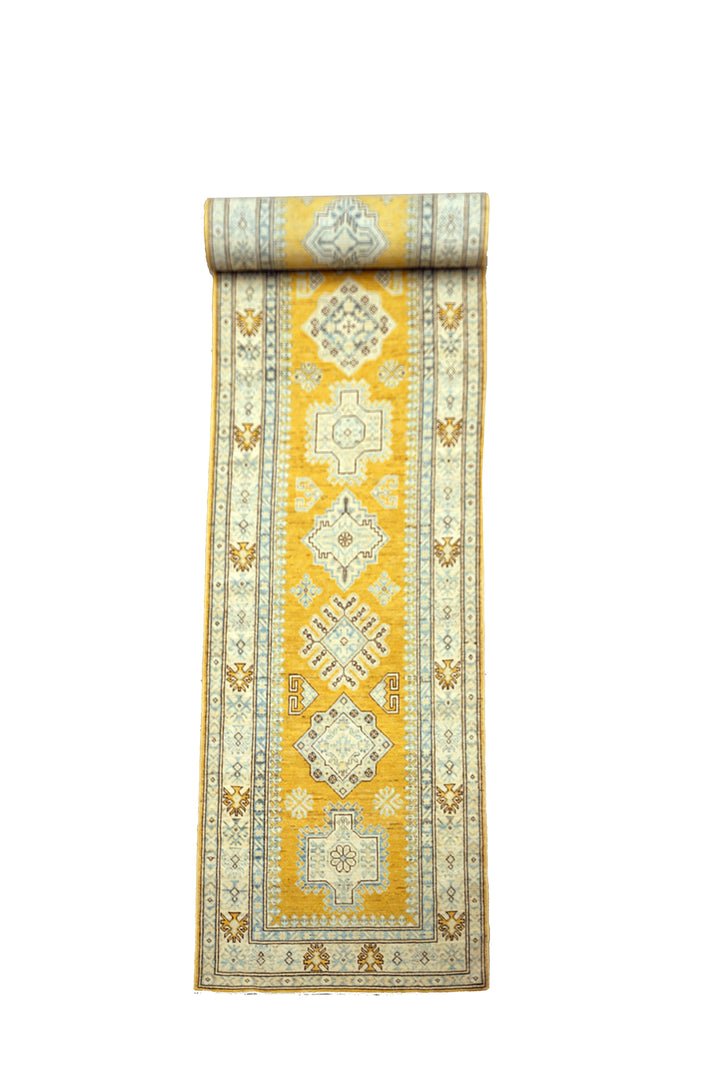 3x35 Yellow Gold Ivory Blue Brown Contemporary Caucasian Design Ariana Hazara Collection Long Runner Rug