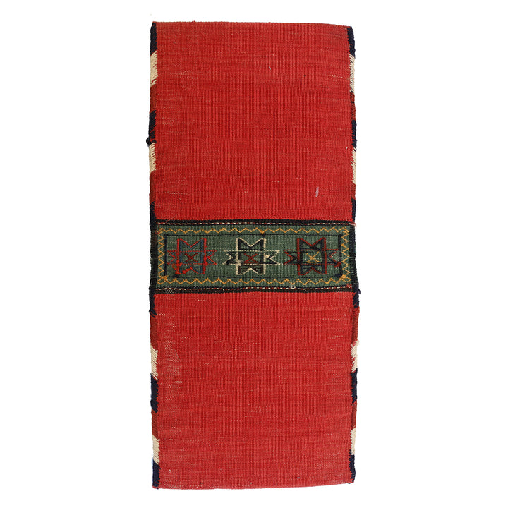Small vintage Shahsavan Persian Soumak saddle bag with detailed blue and red geometric weaving.