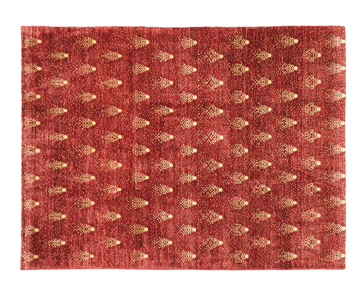 8x10 Shooting Star hand-knotted luxury Afghan rug in organic wool with vibrant red and gold celestial motifs, ethically woven by Hazara women artisans.