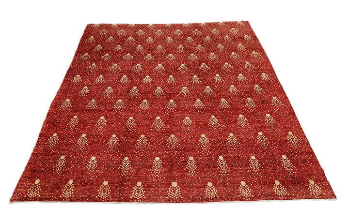 8x10 Shooting Star hand-knotted luxury Afghan rug in organic wool with vibrant red and gold celestial motifs, ethically woven by Hazara women artisans.
