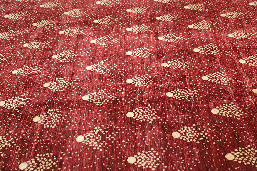 8x10 Shooting Star hand-knotted luxury Afghan rug in organic wool with vibrant red and gold celestial motifs, ethically woven by Hazara women artisans.