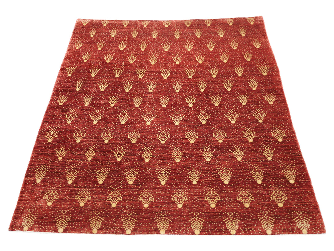 8x10 Shooting Star hand-knotted luxury Afghan rug in organic wool with vibrant red and gold celestial motifs, ethically woven by Hazara women artisans.