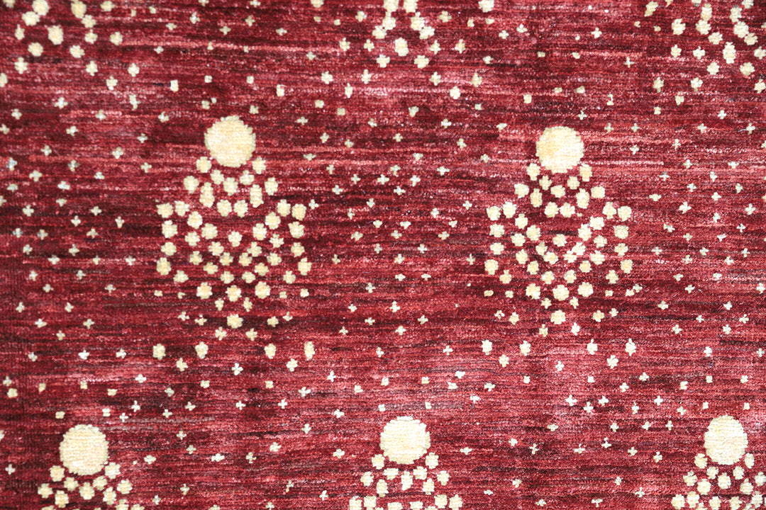 8x10 Shooting Star hand-knotted luxury Afghan rug in organic wool with vibrant red and gold celestial motifs, ethically woven by Hazara women artisans.