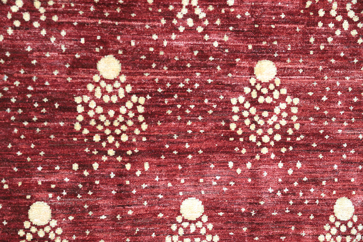 8x10 Shooting Star hand-knotted luxury Afghan rug in organic wool with vibrant red and gold celestial motifs, ethically woven by Hazara women artisans.