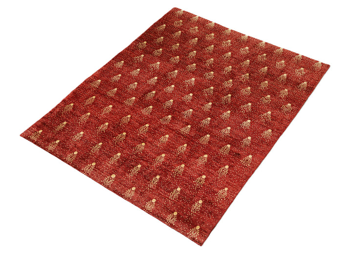 8x10 Shooting Star hand-knotted luxury Afghan rug in organic wool with vibrant red and gold celestial motifs, ethically woven by Hazara women artisans.