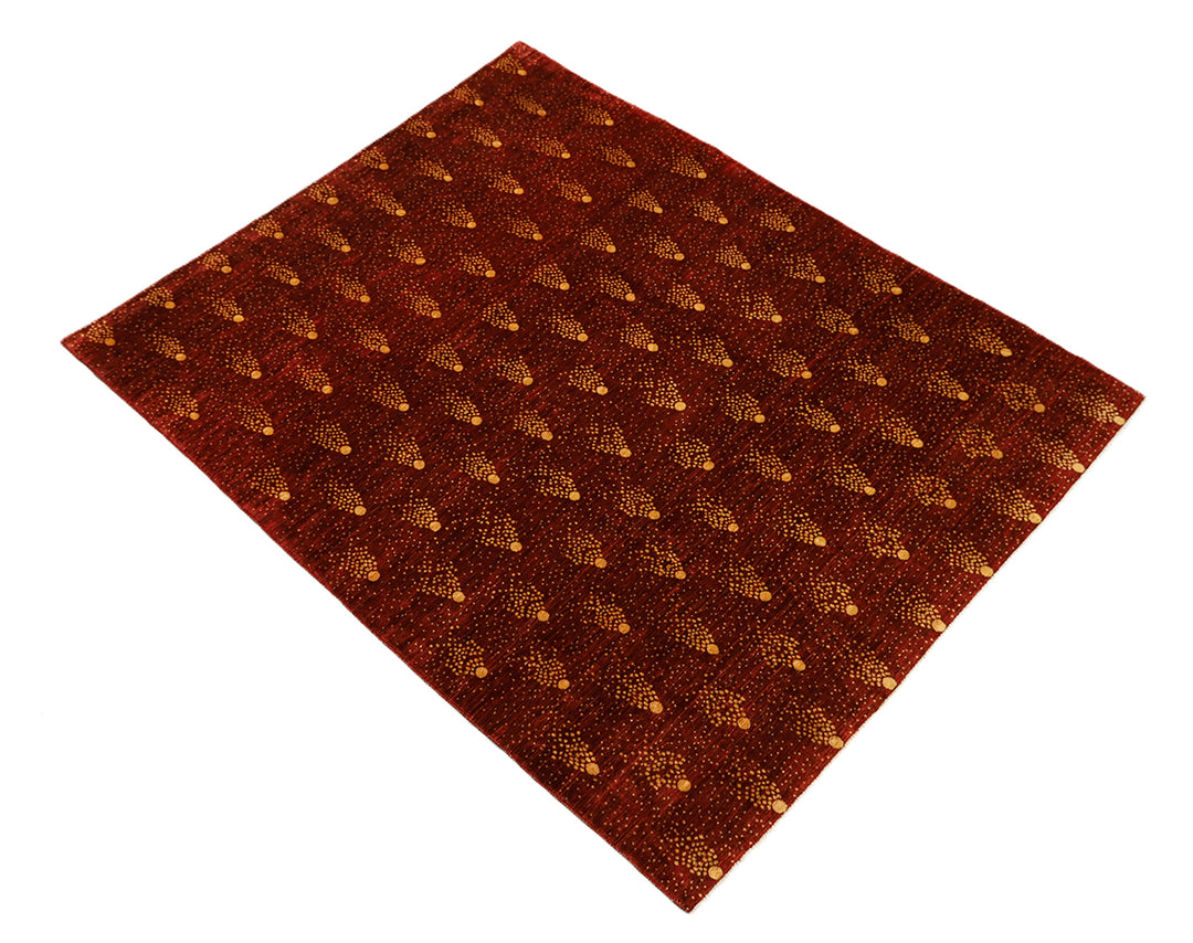 8x10 Shooting Star hand-knotted luxury Afghan rug in organic wool with vibrant red and gold celestial motifs, ethically woven by Hazara women artisans.