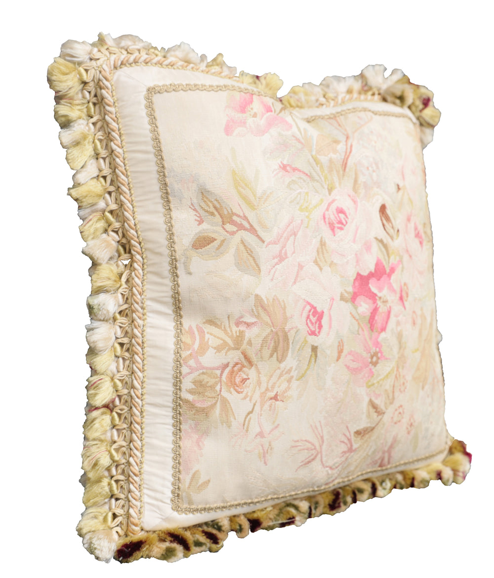 Handcrafted 20x20 very fine soft pink floral silk Aubusson pillowcase by Ariana Rugs West Hollywood