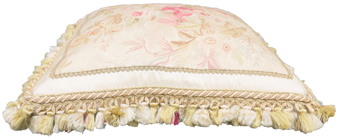 Handcrafted 20x20 very fine soft pink floral silk Aubusson pillowcase by Ariana Rugs West Hollywood