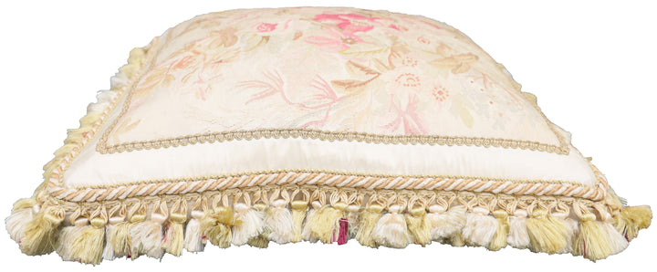 Handcrafted 20x20 very fine soft pink floral silk Aubusson pillowcase by Ariana Rugs West Hollywood