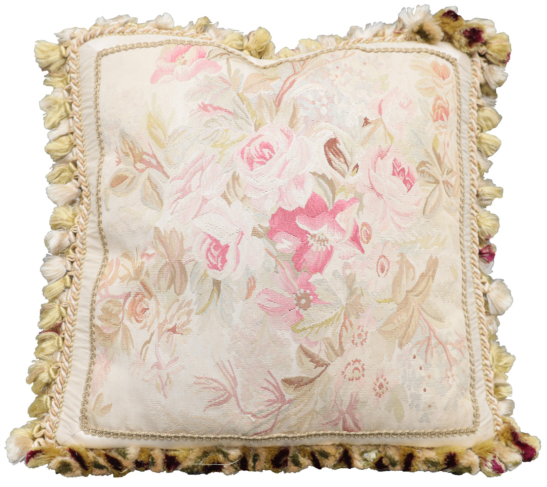 Handcrafted 20x20 very fine soft pink floral silk Aubusson pillowcase by Ariana Rugs West Hollywood