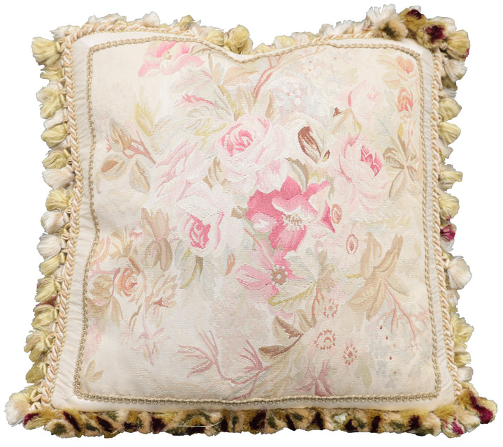 Handcrafted 20x20 very fine soft pink floral silk Aubusson pillowcase by Ariana Rugs West Hollywood