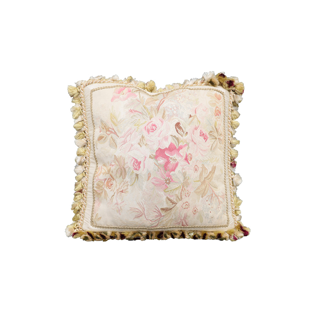 Handcrafted 20x20 very fine soft pink floral silk Aubusson pillowcase by Ariana Rugs West Hollywood