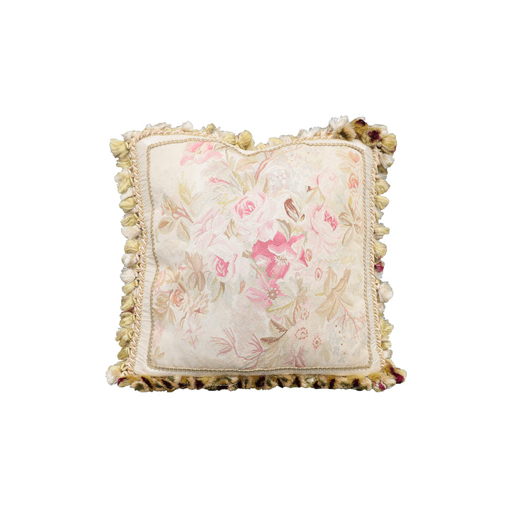 Handcrafted 20x20 very fine soft pink floral silk Aubusson pillowcase by Ariana Rugs West Hollywood