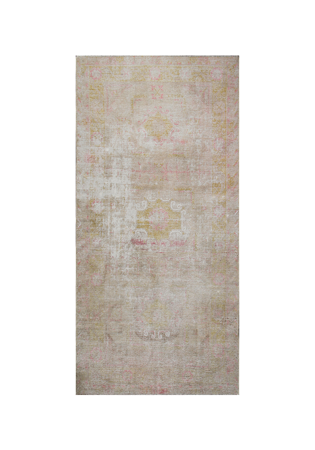 Soft pink and gold vintage antique Samarkand Khotan runner measuring 8'1" x 4'2" featuring a low-pile wool construction and floral design.
