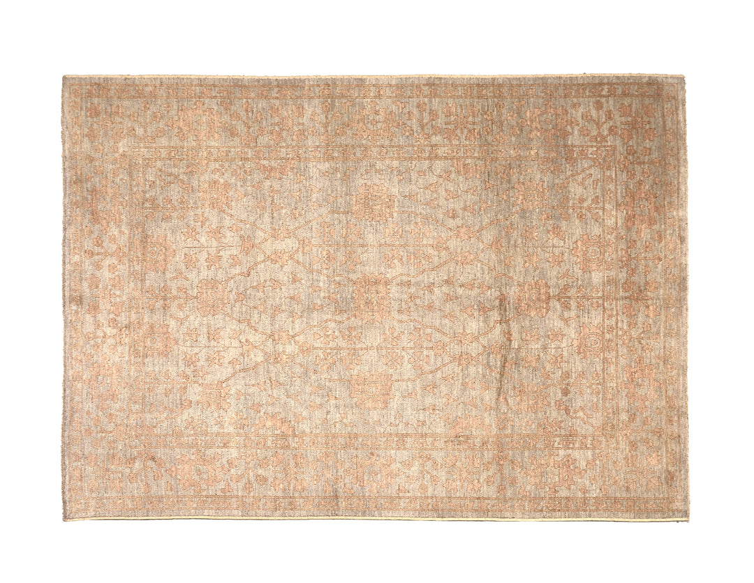 9x12 Soft washed floral Oushak hand-knotted luxury Afghan rug in organic wool with muted pastel tones, ethically woven by Hazara women artisans.