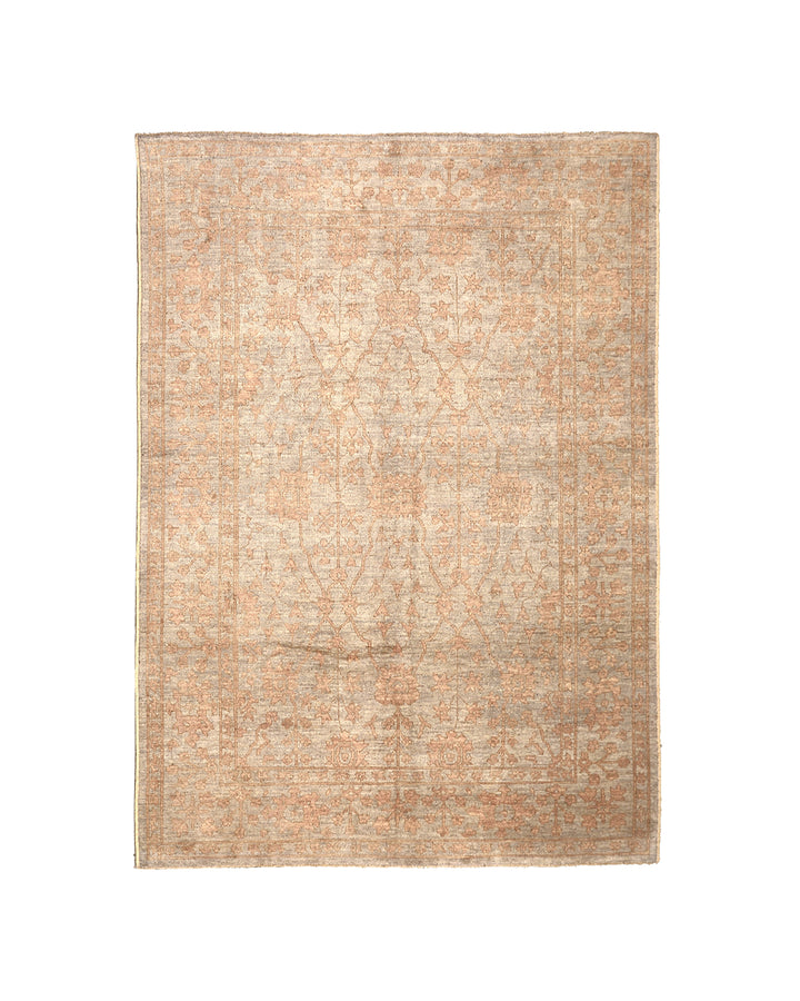 9x12 Soft washed floral Oushak hand-knotted luxury Afghan rug in organic wool with muted pastel tones, ethically woven by Hazara women artisans.