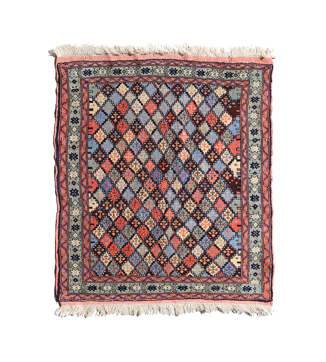 4x4 square Caucasian design wool rug with colorful geometric tribal motifs in 3 foot 10 inch by 3 foot 5 inch dimensions