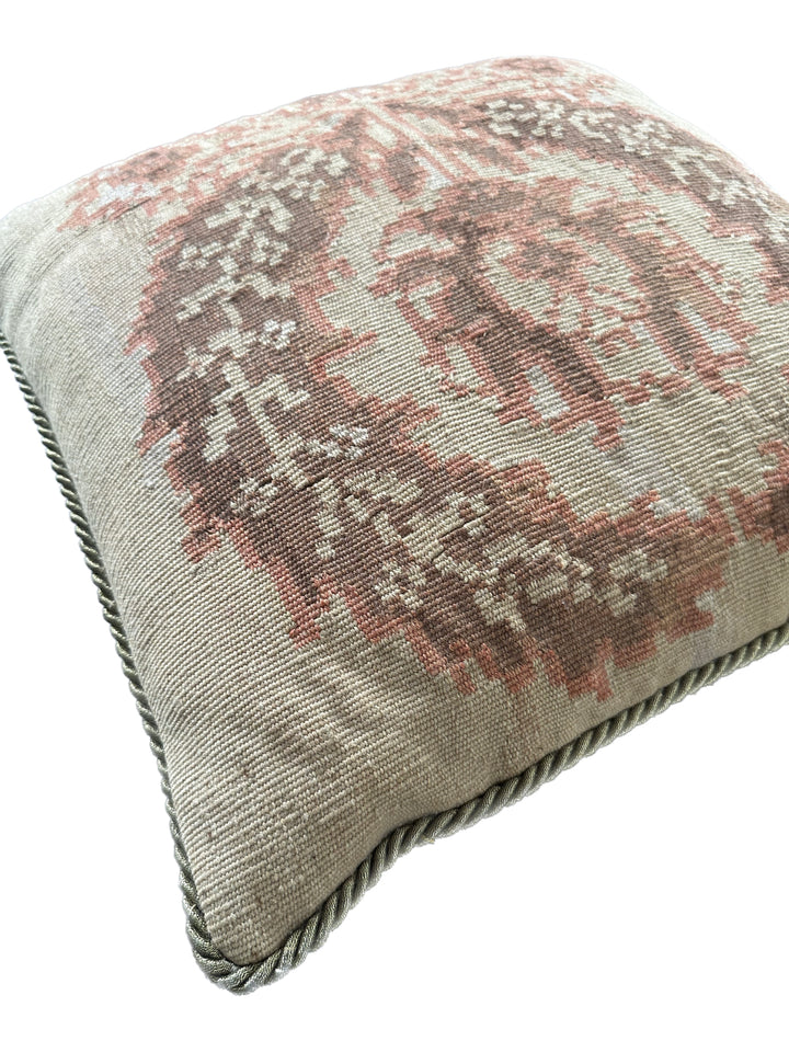 Handmade 20x20 tan and brown wool Aubusson pillowcase by Ariana Rugs West Hollywood