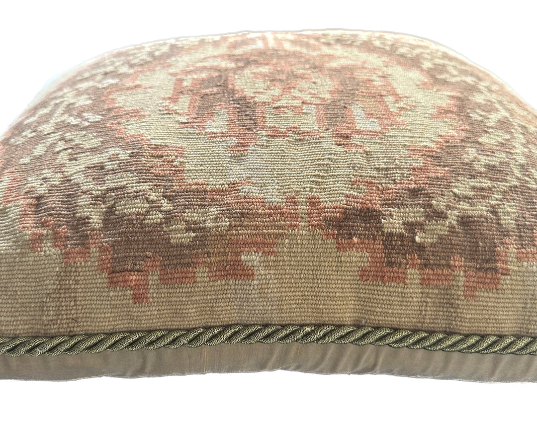 Handmade 20x20 tan and brown wool Aubusson pillowcase by Ariana Rugs West Hollywood