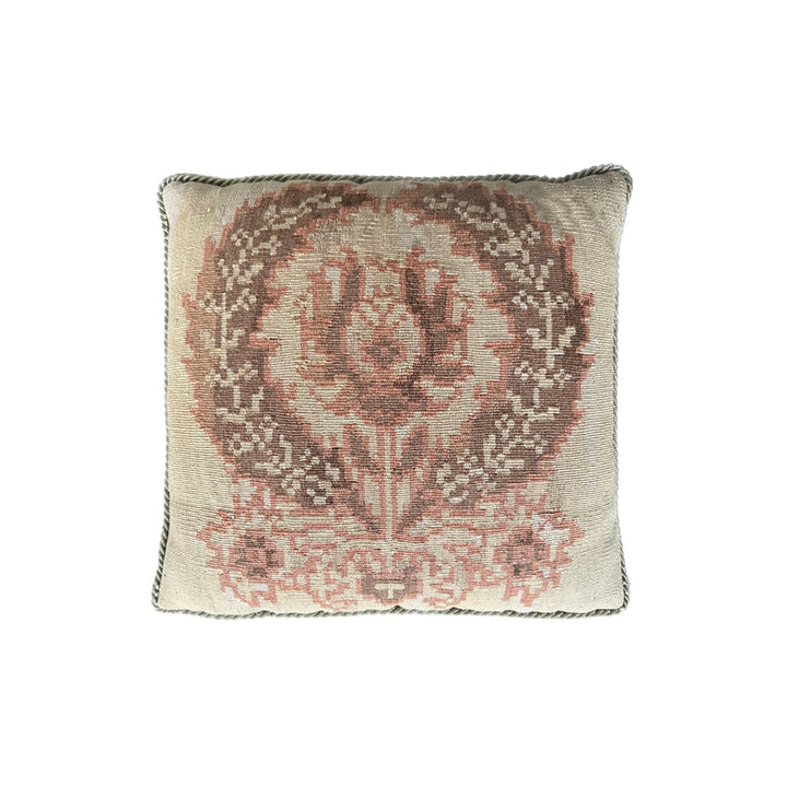 Handmade 20x20 tan and brown wool Aubusson pillowcase by Ariana Rugs West Hollywood