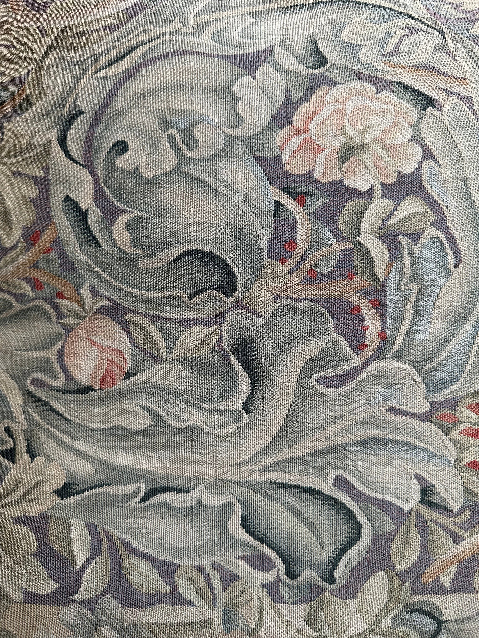 Handmade 22x25 tan and green floral silk Aubusson pillowcase with green tassels by Ariana Rugs West Hollywood