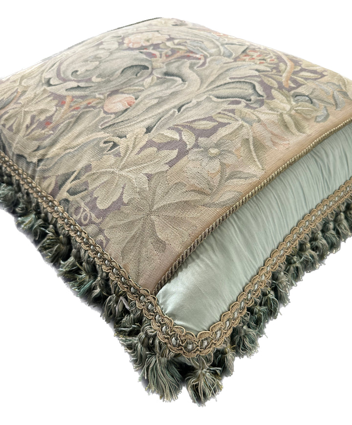 Handmade 22x25 tan and green floral silk Aubusson pillowcase with green tassels by Ariana Rugs West Hollywood