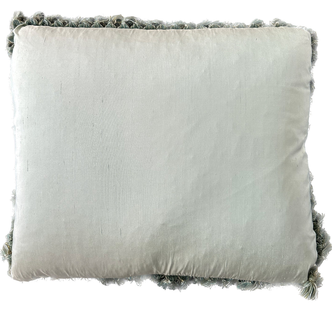 Handmade 22x25 tan and green floral silk Aubusson pillowcase with green tassels by Ariana Rugs West Hollywood