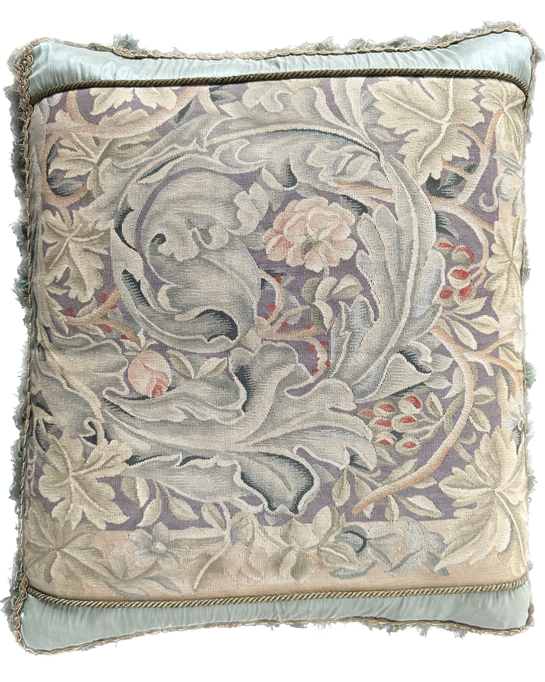 Handmade 22x25 tan and green floral silk Aubusson pillowcase with green tassels by Ariana Rugs West Hollywood