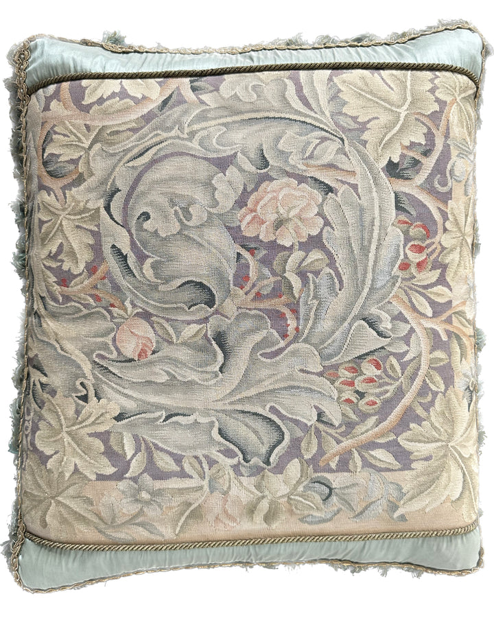 Handmade 22x25 tan and green floral silk Aubusson pillowcase with green tassels by Ariana Rugs West Hollywood