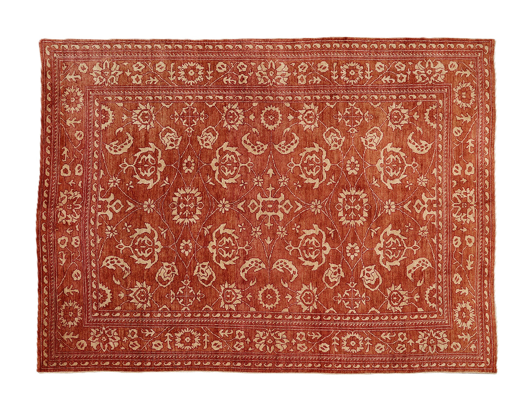 9'11" x 12'11" Terra Cotta and Ivory Floral Oushak hand-knotted luxury Afghan rug in organic wool, ethically woven by Hazara women artisans.