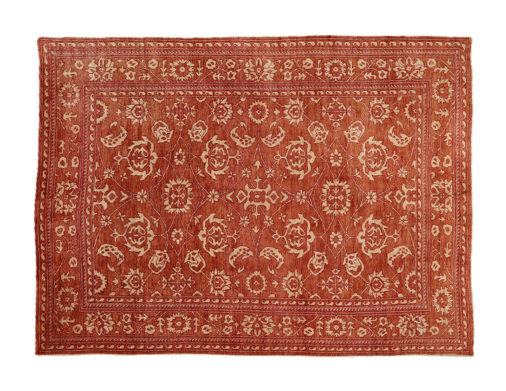 9'11" x 12'11" Terra Cotta and Ivory Floral Oushak hand-knotted luxury Afghan rug in organic wool, ethically woven by Hazara women artisans.