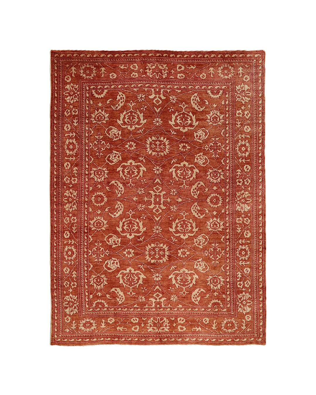 9'11" x 12'11" Terra Cotta and Ivory Floral Oushak hand-knotted luxury Afghan rug in organic wool, ethically woven by Hazara women artisans.