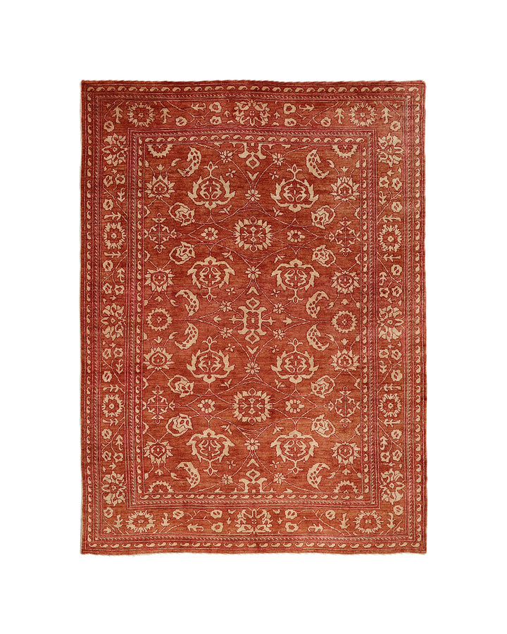 9'11" x 12'11" Terra Cotta and Ivory Floral Oushak hand-knotted luxury Afghan rug in organic wool, ethically woven by Hazara women artisans.