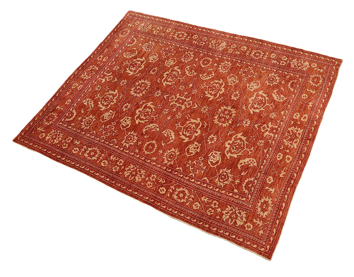 9'11" x 12'11" Terra Cotta and Ivory Floral Oushak hand-knotted luxury Afghan rug in organic wool, ethically woven by Hazara women artisans.