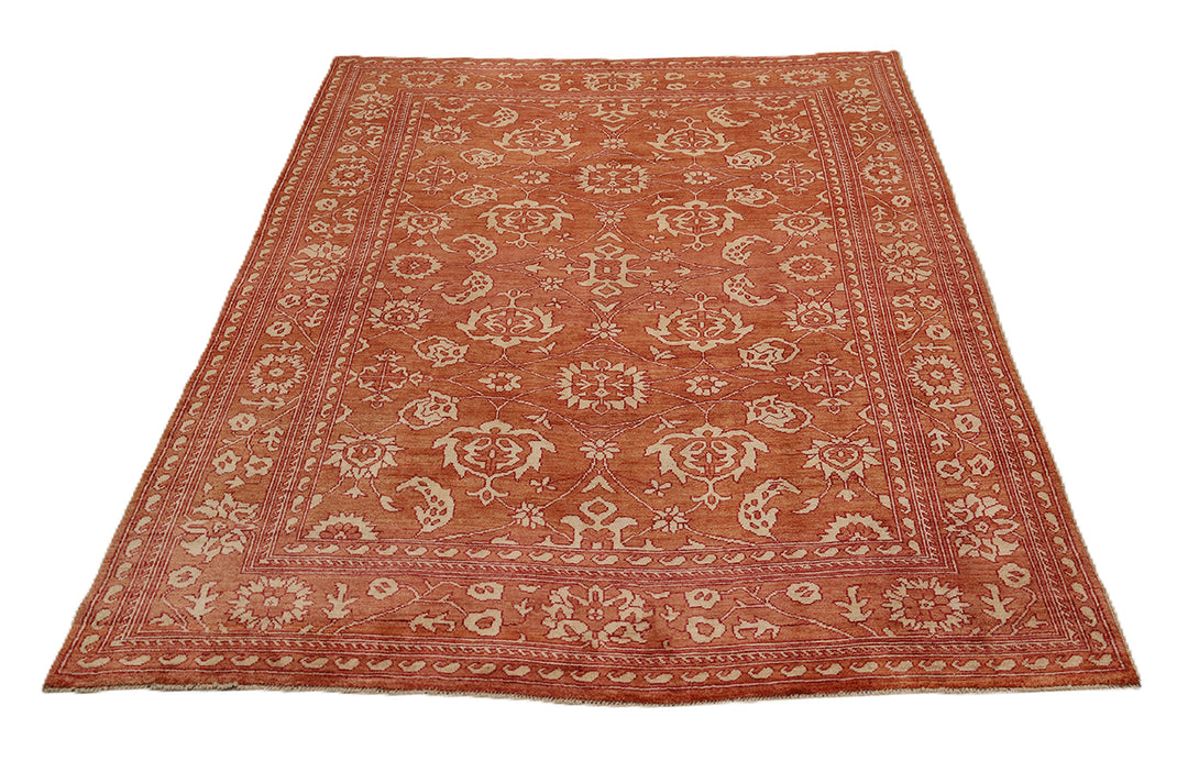 9'11" x 12'11" Terra Cotta and Ivory Floral Oushak hand-knotted luxury Afghan rug in organic wool, ethically woven by Hazara women artisans.