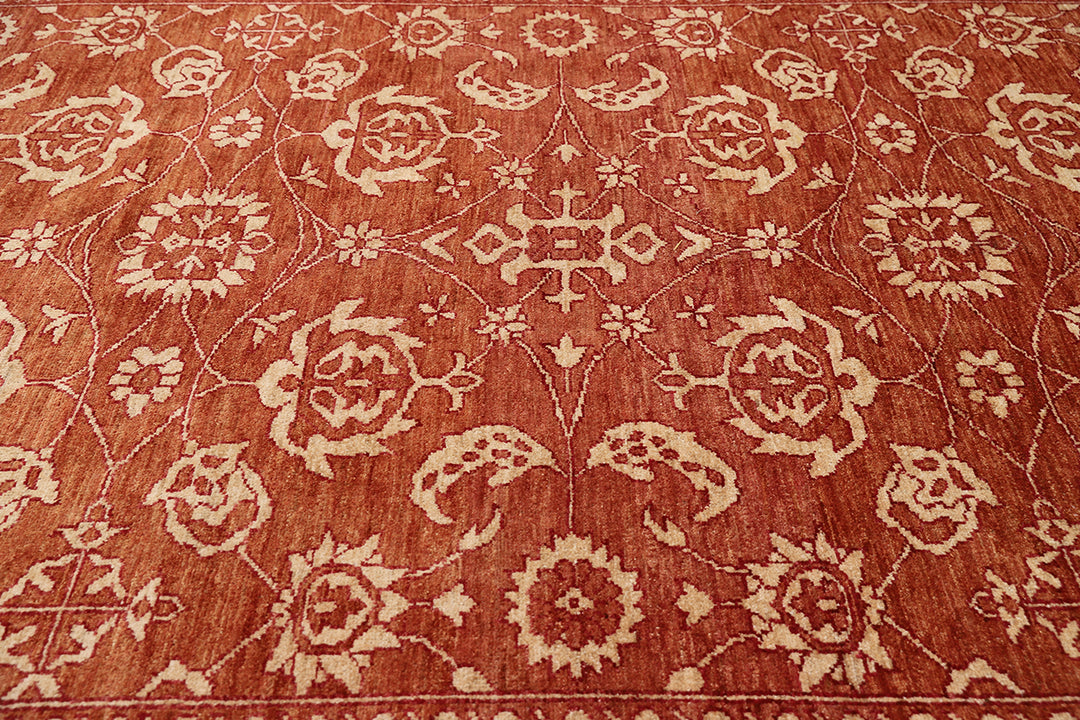 9'11" x 12'11" Terra Cotta and Ivory Floral Oushak hand-knotted luxury Afghan rug in organic wool, ethically woven by Hazara women artisans.
