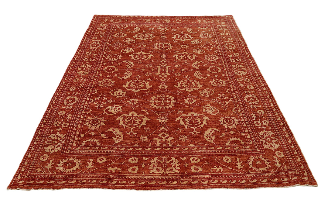 9'11" x 12'11" Terra Cotta and Ivory Floral Oushak hand-knotted luxury Afghan rug in organic wool, ethically woven by Hazara women artisans.
