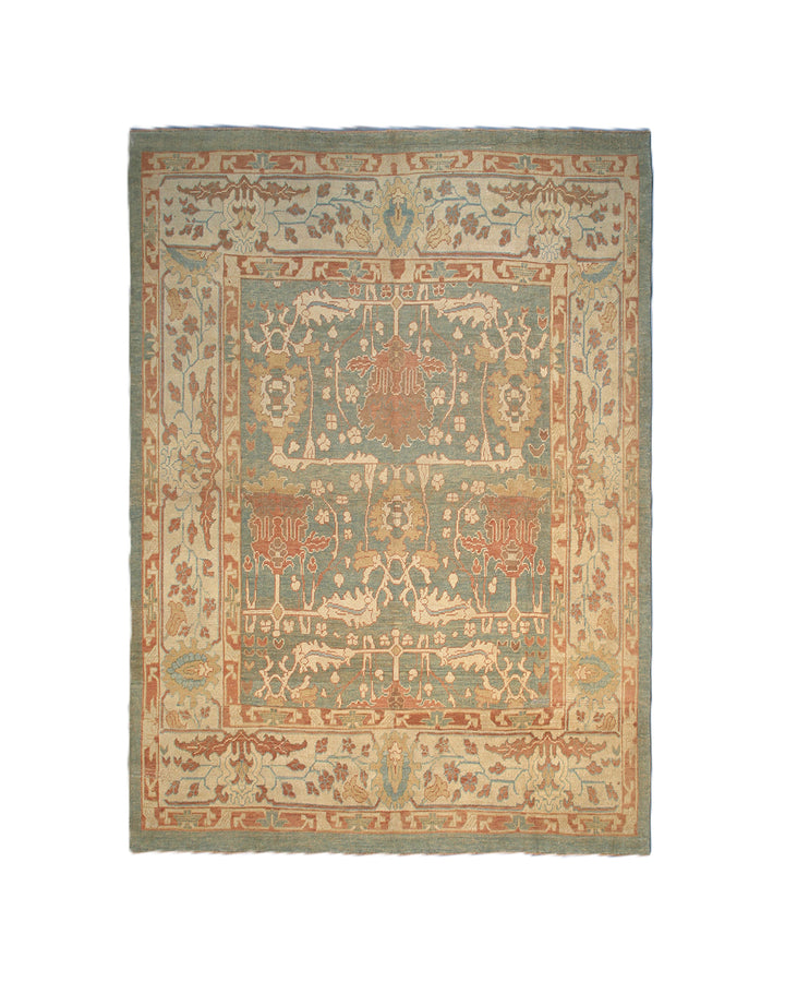 Traditional-Ushak-Ivory-Pastel-Orange-Arts-and-Crafts-Floral-Rug