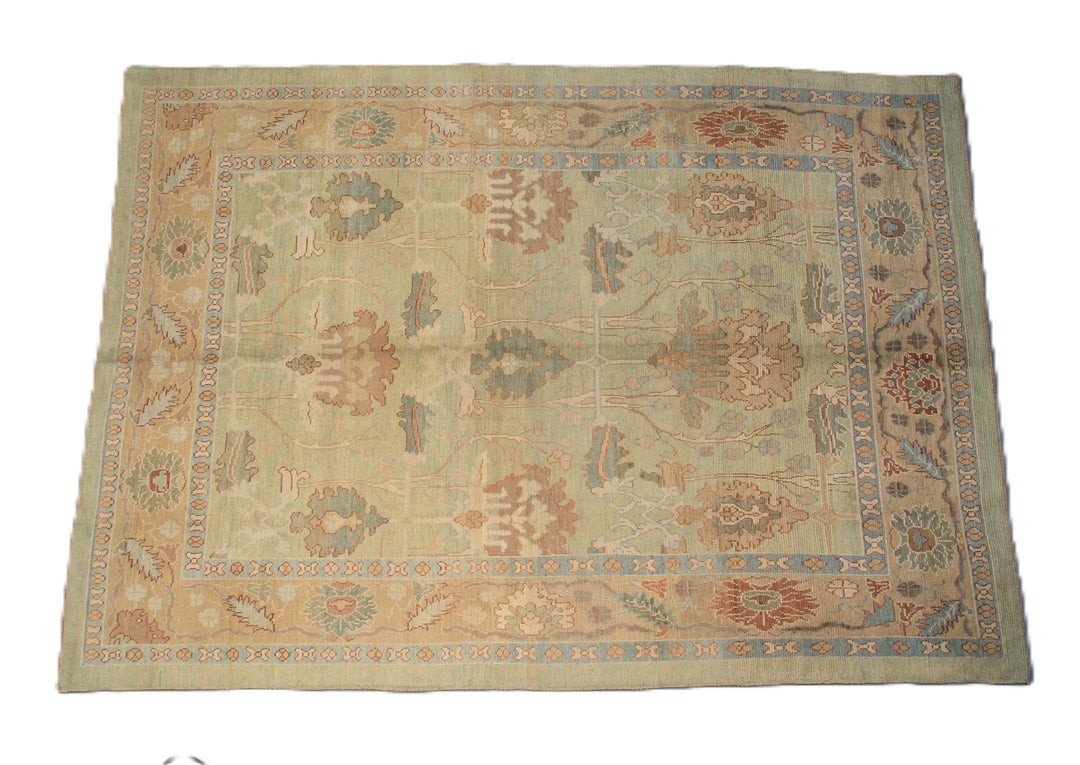 15'x12' Traditional Ushak Ivory Pastel Orange Rug | Arts and Crafts Wool Carpet