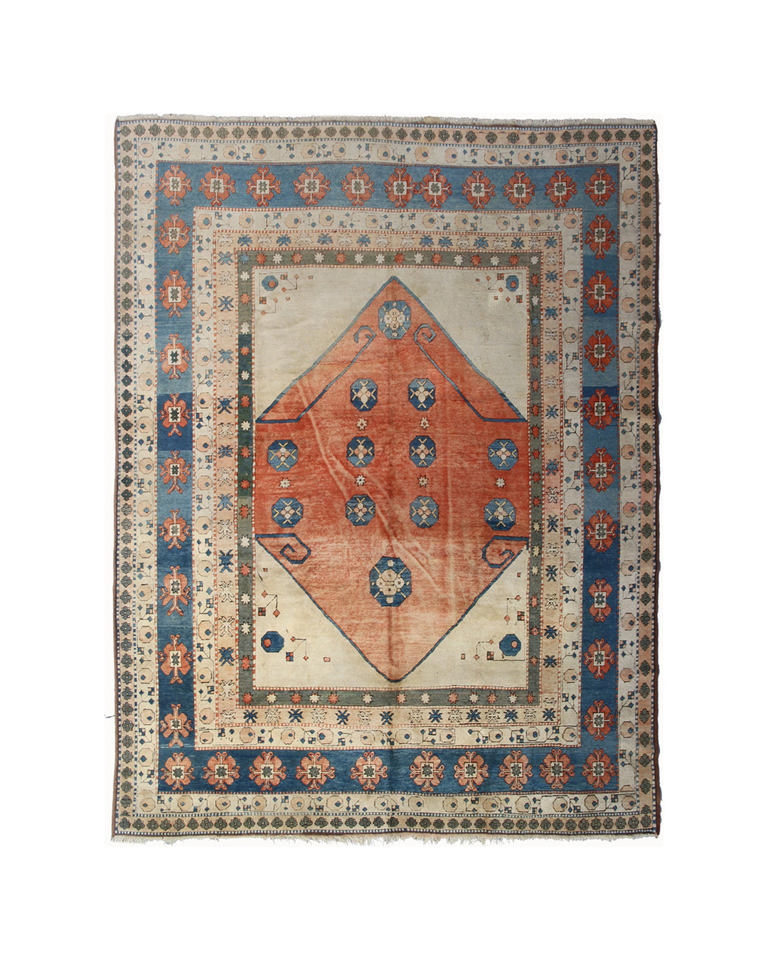 10x12- vintage hand-knotted Turkish wool area rug showing natural wear and subtle patina
