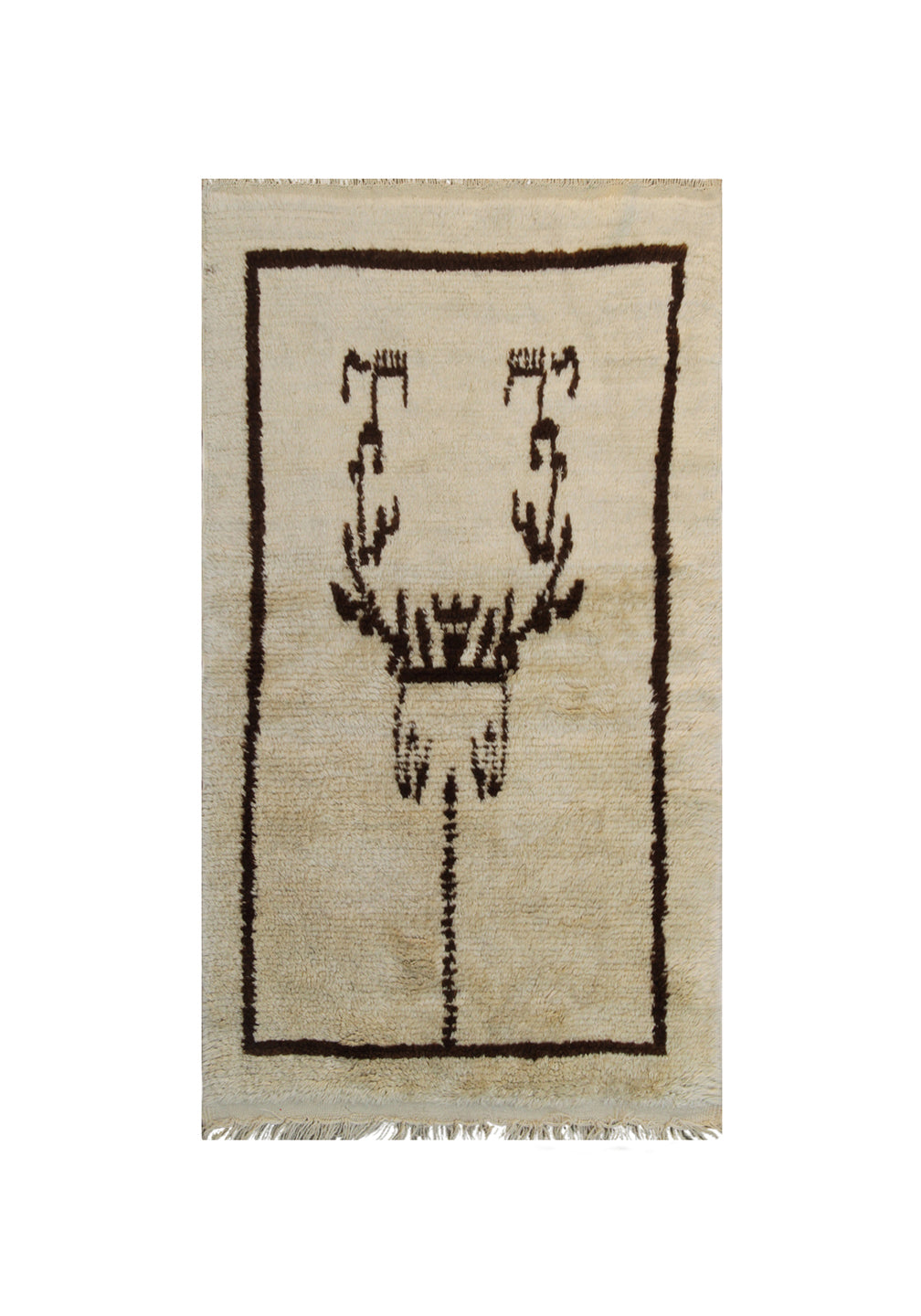 A small 3x5 vintage Turkish Tulu rug with a shaggy ivory wool pile and a minimalist brown tribal geometric design.