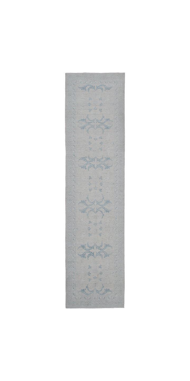 Unique hand-knotted Ariana transitional floral runner rug in soft blue and luminous ivory