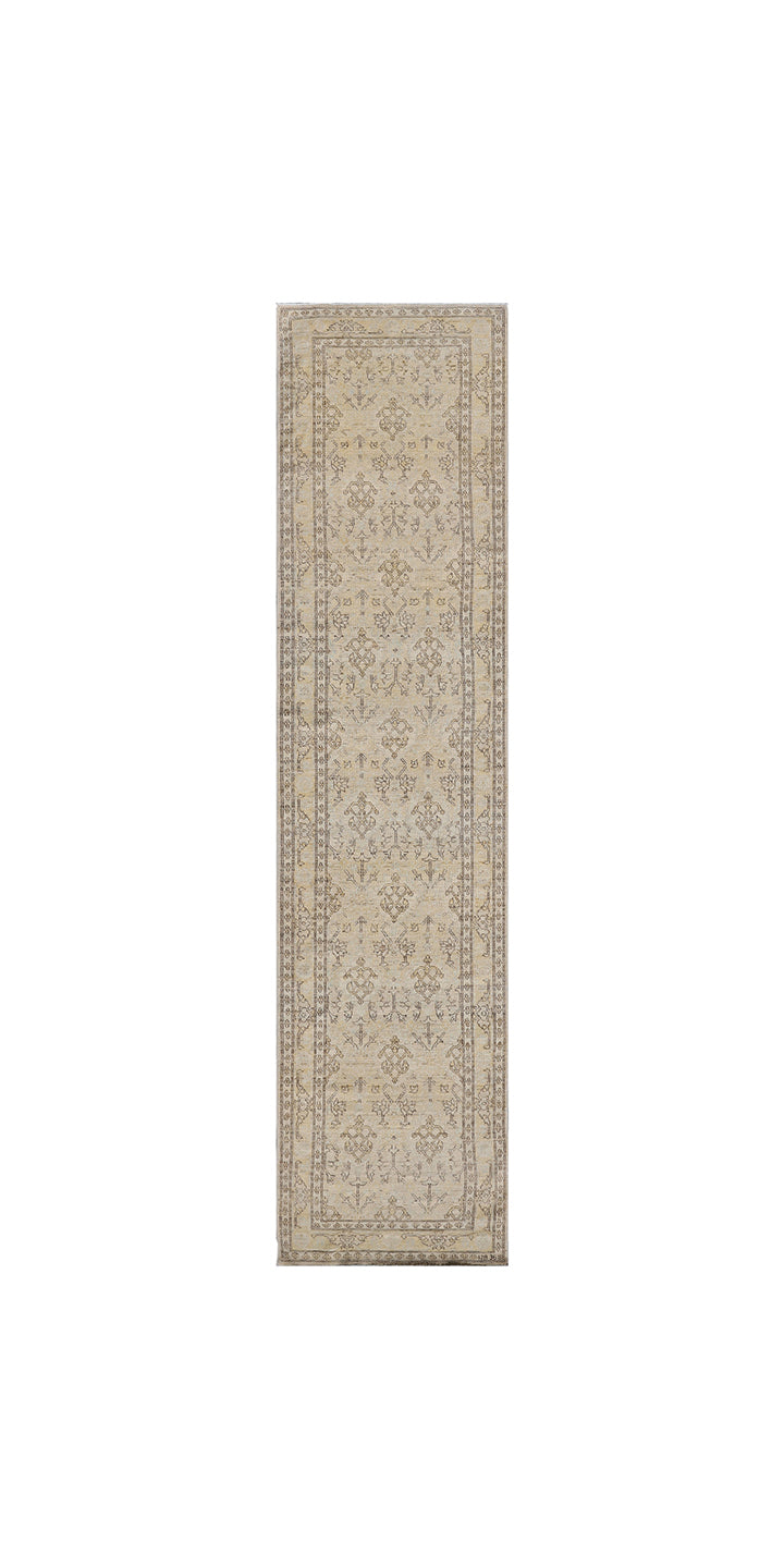 Fine hand-knotted Ariana transitional European design wool runner rug in rich camel, blue, brown, and terracotta tones