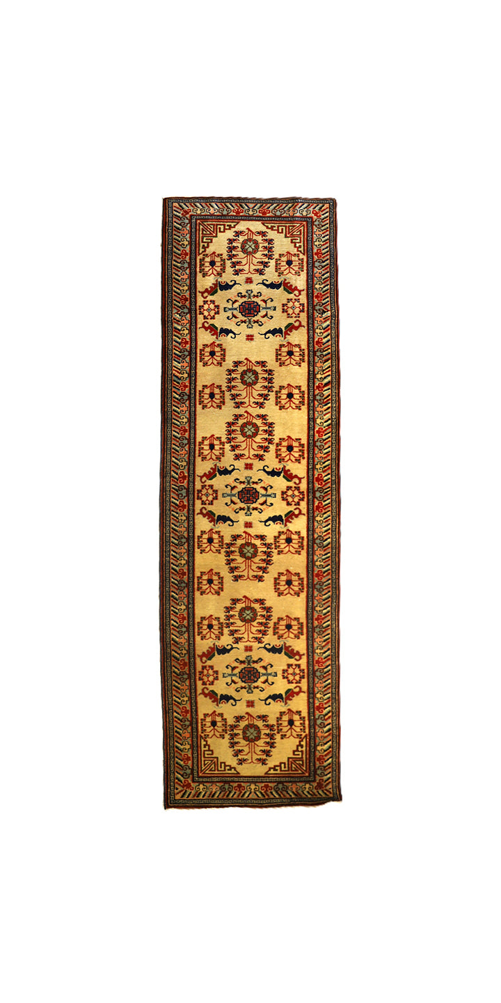 Vintage 10ft Samarkand Runner | Yellow & Navy Khotan Design