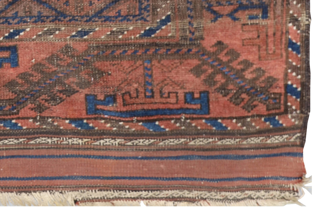 Vintage Baluch tribal area rug 6x10 with geometric pattern in purple, pink, orange, blue, hand-knotted in two pieces